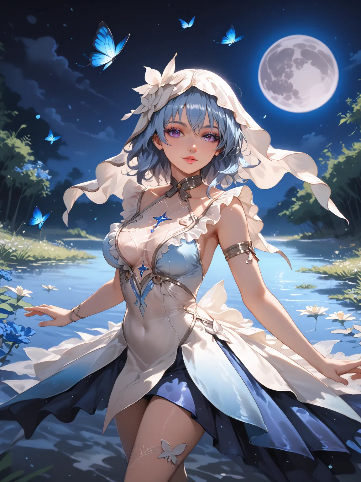 masterpiece, best quality, beeautiful violet eyes, medieval lake background with a touch of romantic blue flowers,  silver moon, blue neon butterfly, anime, 2d, 1girl, purple eyes, colored eyelashes, blue hair, hair intakes, medium hair, two-tone veil, blu...