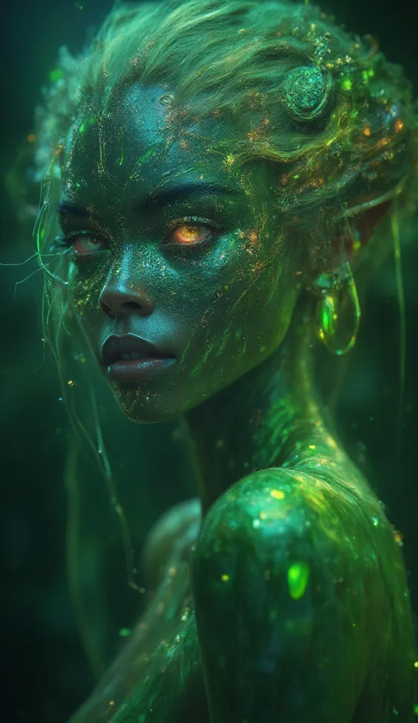 The inhabitants of this world resemble humans but bear distinct traits shaped by their planet’s unique environment. Their skin shimmers with a faint emerald hue, absorbing ambient energy from the lush surroundings. Their eyes, large and reflective, shift i...