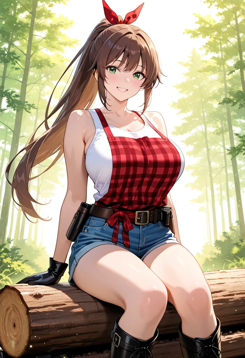 Forest background、 green eyes、Big Breasts、super realistic,high quality,Detailed,4K Rendering,white studio background with,Smiling face,A highly detailed, vibrant anime-style image in an extreme long shot of a luminous young female log builder in her early ...