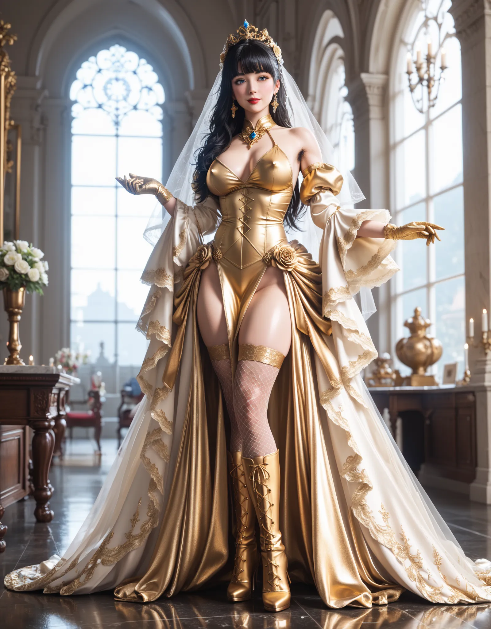 High quality, Ultra detailed, best quality, insanely detailed, beautiful, masterpiece,4K,8k,photorealistic, wearing a stylishly decorated gold mask,High Resolution, Soft light,1 Female, (detailed face), erect nipples,jewelry, armpit hair,Armpit hair, gold ...