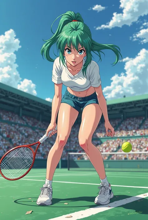 Sports anime girl in a tennis arena, green hair, touching butt