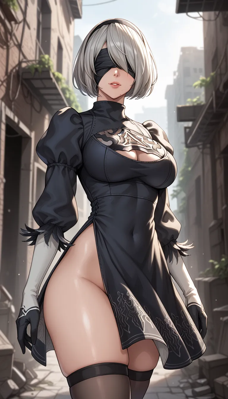 masterpiece,   kampala,  human anatomically accurate, 最high quality,  advanced details ,  High Definition Model,  very well detailed , high quality,  Ultra-fine,  textured skin, real skin, 
 female 1 person,  Inspired by Nier:Automata 2b ,
 bob cut the blu...