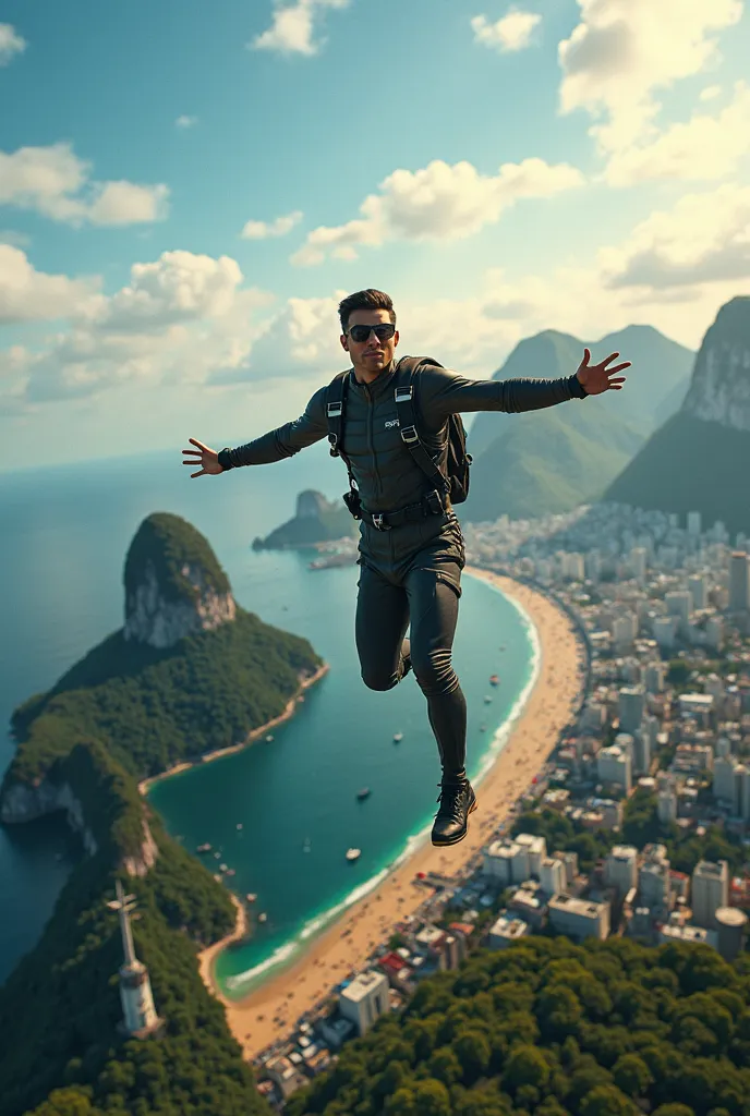 A man skydiving over the wonderful city of Rio de Janeiro. The breathtaking view of Christ the Redeemer at his feet with the beach in the background contrasts with an exuberant blue summer sky.