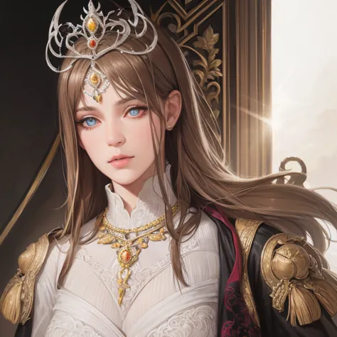 Realistic Princess Safire by Ribbon no Kishi, 1 , detailed and beautiful eyes, beautiful and detailed lips, extremely detailed face, long flowing hair,  elegant dress, Cinderella style dress, tiara, jewelry, fundo do castelo, sunlight,  warm colors, dramat...