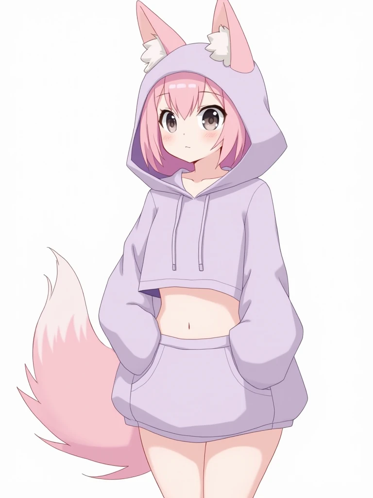 score_9, score_7_up, 1girl, alone, solo, fox head, wearing a cropped lavender-colored hoodie, underboob, loose hoodie, dark grey eyes, white background, wearing grey sweatpants, furry, pink fur, white underbelly/chest, innocent expression, looking away, qu...