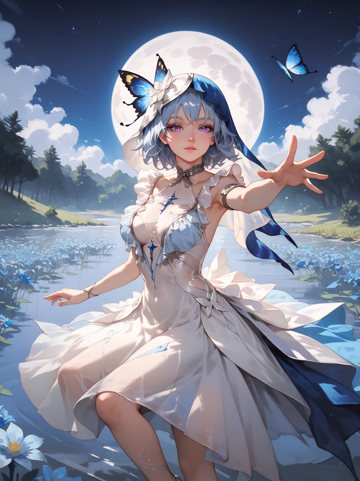 (score_9, score_8_up, score_7_up), masterpiece, best quality, beeautiful violet eyes, medieval lake background with a touch of romantic blue flowers,  silver moon, blue neon butterfly, anime, 2d, 1girl, purple eyes, colored eyelashes, blue hair, hair intak...