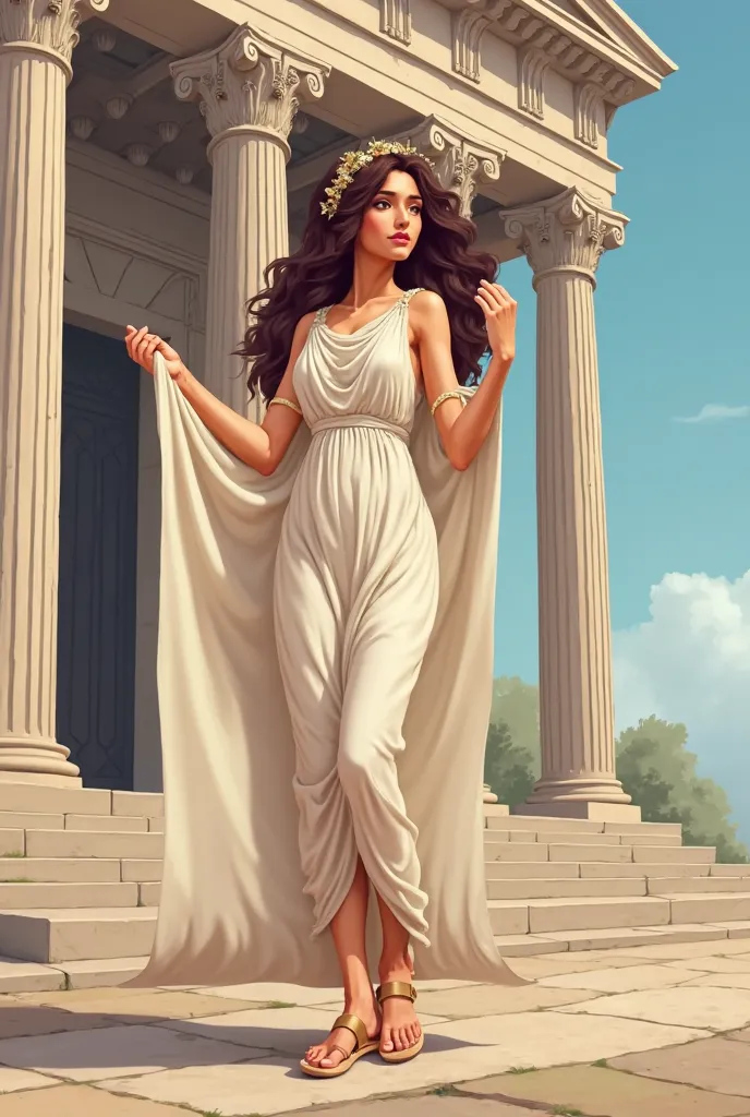 Greek goddess cartoon type , showing a large scroll , mostrando,  Greek temple  , detailed face, tender expression ,  elegant stance , classical tunic,  sandals, laurels on the head, grilled temple background, columns, Portico, blue sky. 