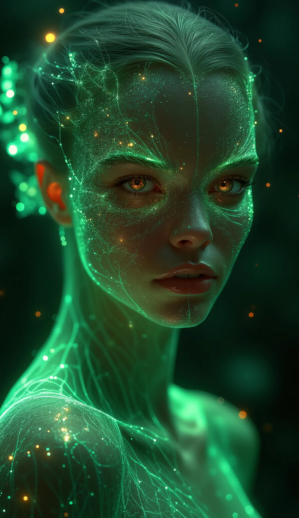 The inhabitants of this world resemble humans but bear distinct traits shaped by their planet’s unique environment. Their skin shimmers with a faint emerald hue, absorbing ambient energy from the lush surroundings. Their eyes, large and reflective, shift i...