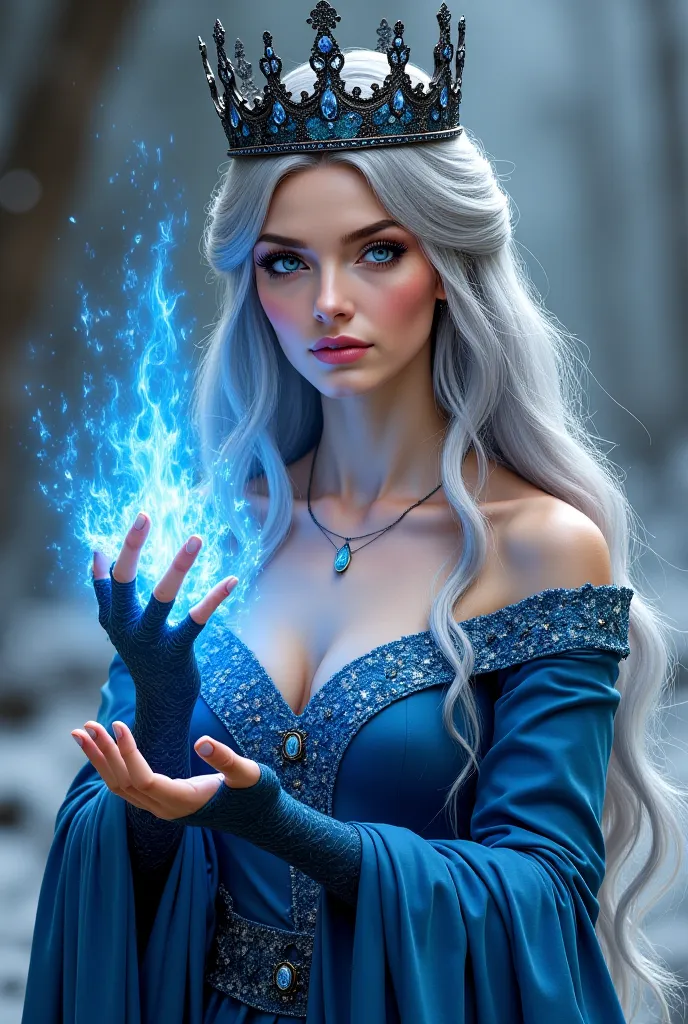 traditional realistic illustration of a queen in her 30s, with long gray and white hair and blue eyes,  Serious Look T-Shirt. dressed in an elegant queen dress in shades of blue and silver , creating blue fire in a hand. With a black crown of ice on his he...