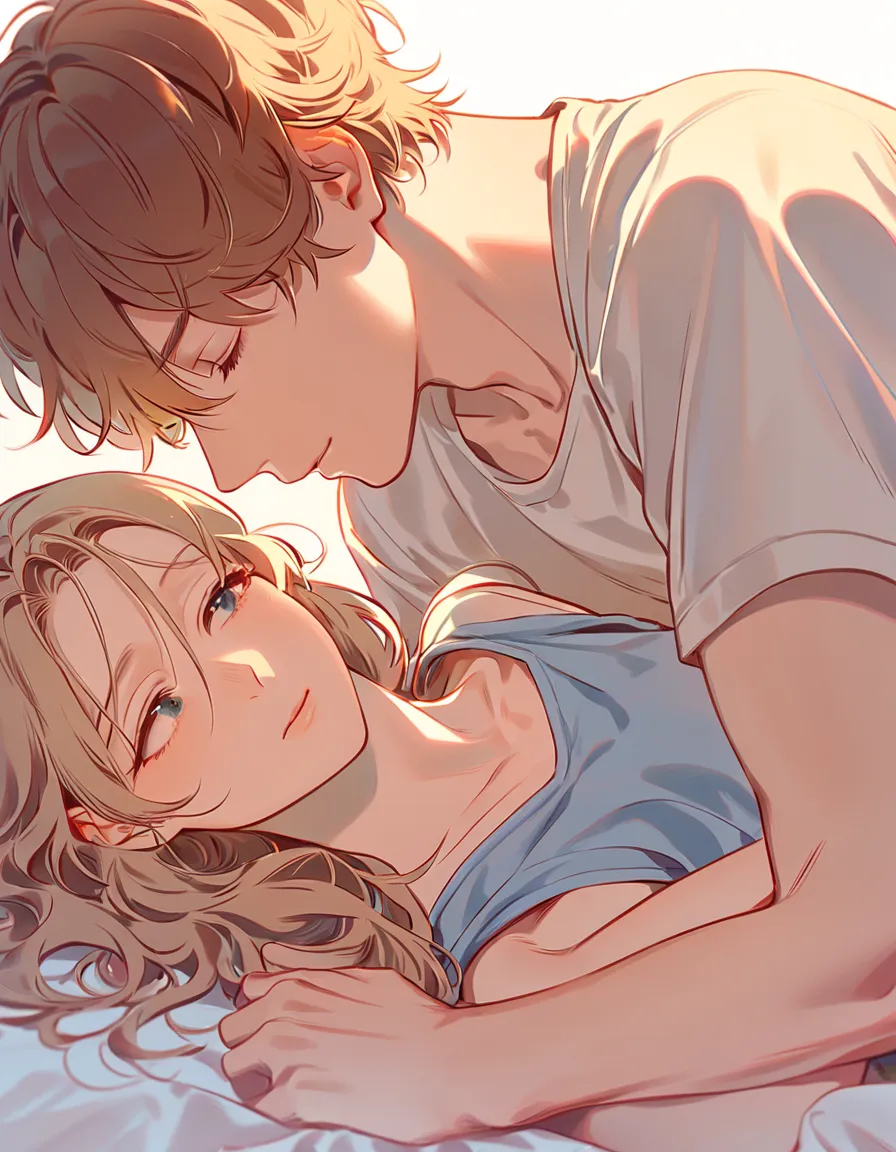 ((best quality, high resolution, clean background, soft lines, perfect anatomy, warm atmosphere)), a young couple lying in bed, the girl with long wavy brown hair wearing a blue tank top, resting her head on the man's chest, peaceful expression, the man wi...