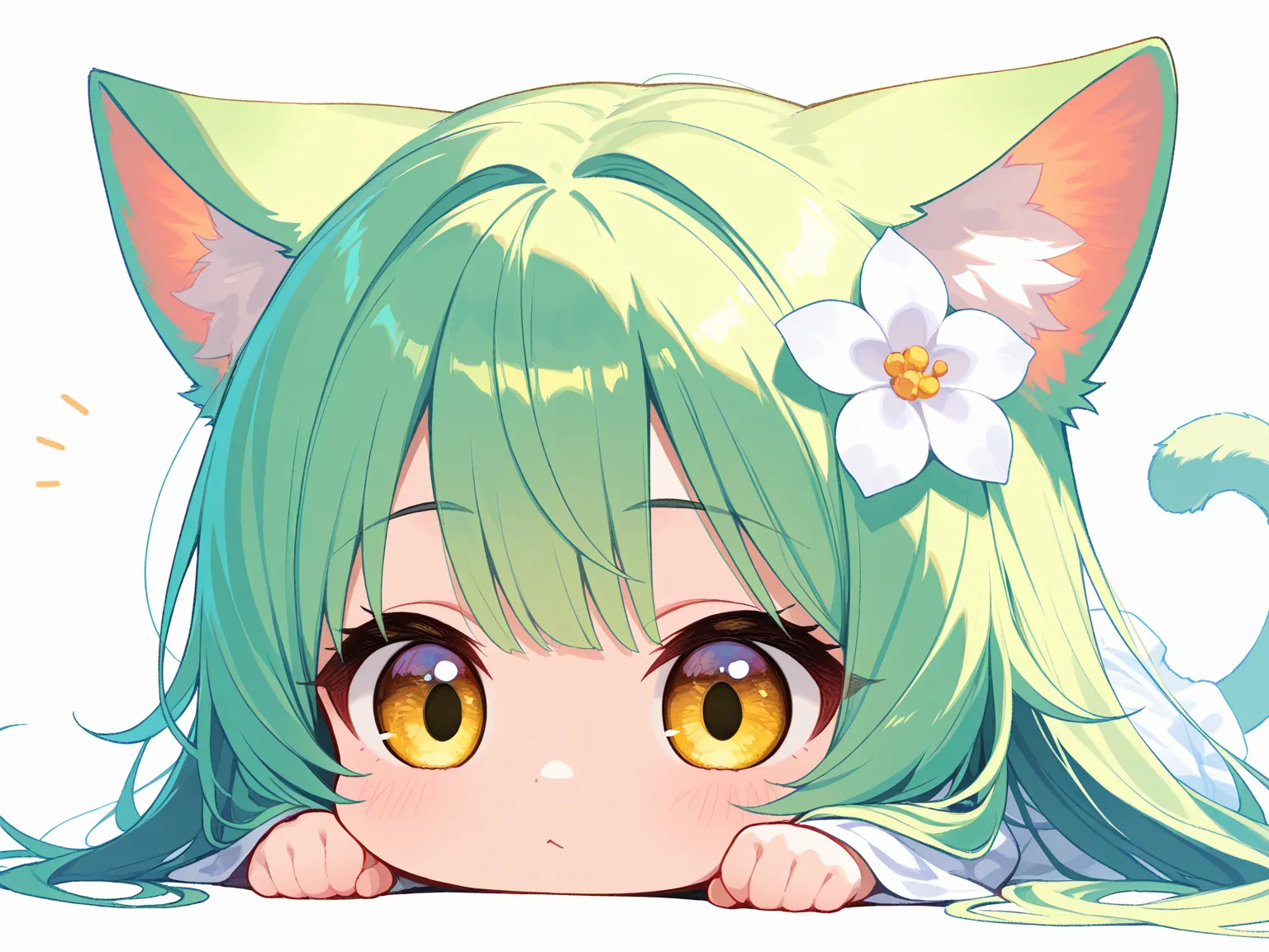 1 girl, very long green hair, golden eyes, cinematic angle, inherent colors, vibrant colors, Cat girl, in cat Eyes with cat pupils, cute, chibi, small, kawaii, sweet, The face is straight, the accent is on the face, front view, on a white background, plain...