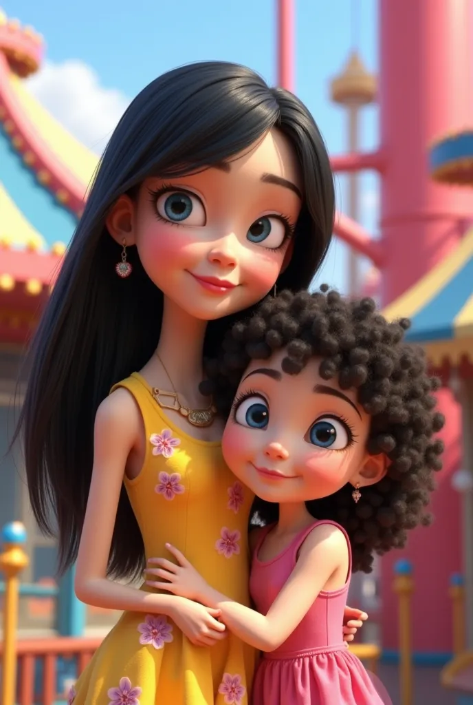 Create an image of a  under 2, White color, long straight black hair, blue eyes,  Floral yellow dress . Plus one over ,  white skin color , long curly black hair , light brown eyes, Simple Pink Dress , they are playing at the amusement park ,scene comes to...