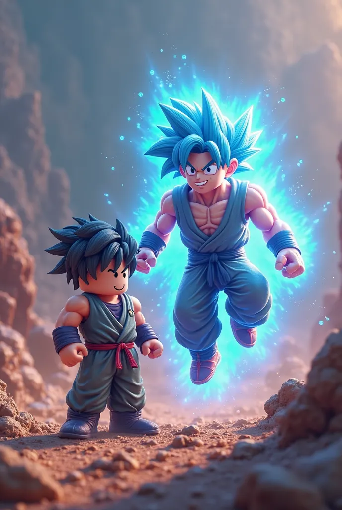 **"A highly detailed 3D-style scene of Goku and a Roblox character standing together in an epic crossover. Goku, in his Super Saiyan Blue form, is floating slightly above the ground, surrounded by a glowing blue aura, with a confident smile. Beside him, a ...