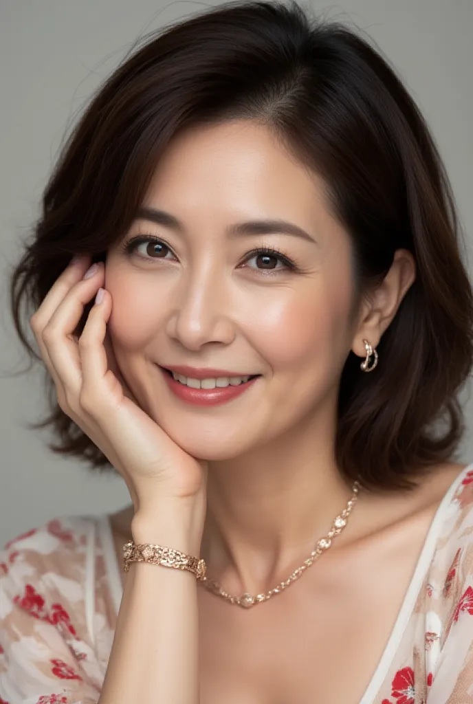 Closeup Portrait、50-Year-Old Glamorous Japanese Woman、Voluminous Body Line、fine lines of laughter、Soft Hollywood Makeup、 Rose Pink Lips 、Pink Gold Shimmer Eye Shadow、Subtle eyeliner、Voluminous Curly Hair、Romantic Chiffon Floral Dress、Elegant Flare Sleeves、...