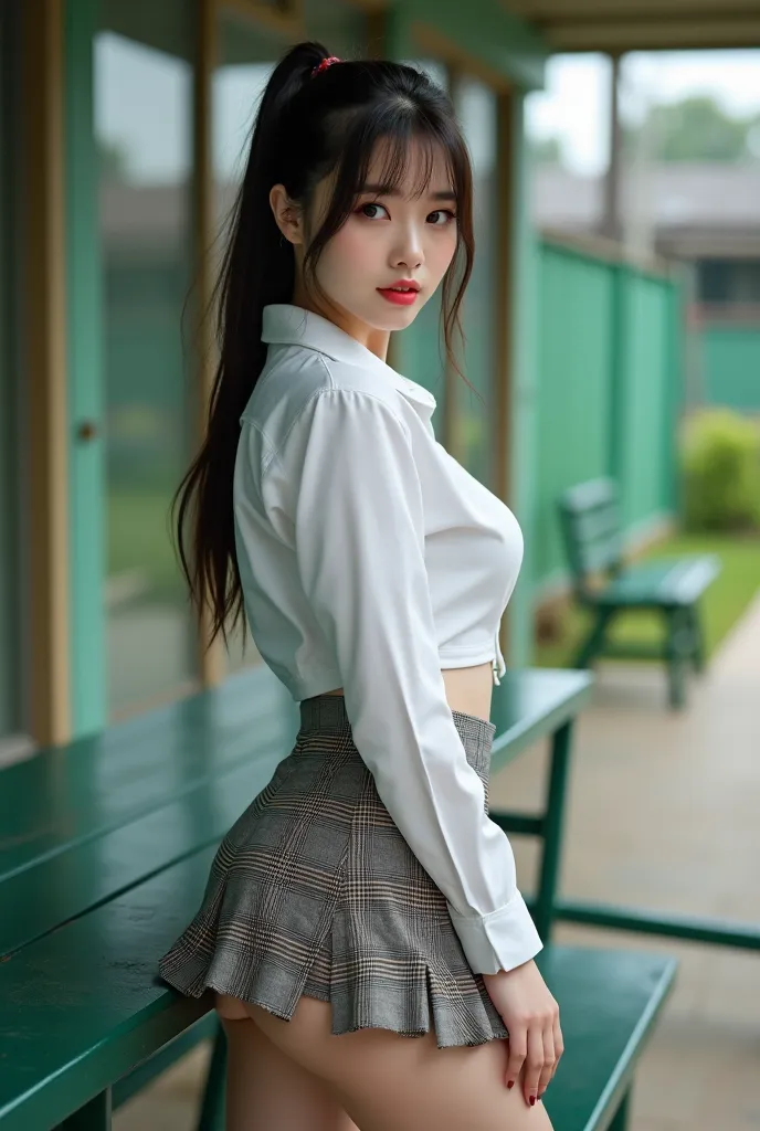  realistic high quality photo of Thai woman , beautiful girl (((big breasts , big breasts , nsfw))) , best quality, 20 year old Thai schoolgirl standing near a green metal table,  Wearing a white shirt(((big breasts , big breasts , nsfw)), She's wearing a ...