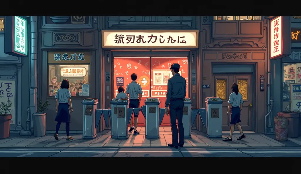 I'm playing a game as a security guard at the entrance to a Japanese karaoke bar, sitting opposite the turnstile, and people are walking in and out past me. View from my eyes. On the left is the street, in the middle is the turnstile, on the right is the b...