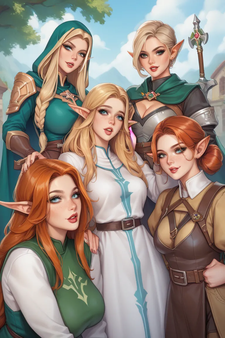 a group girls, 1 dark elf rogue, 1 redhead mage, 1 blonde cleric, 1 paladin