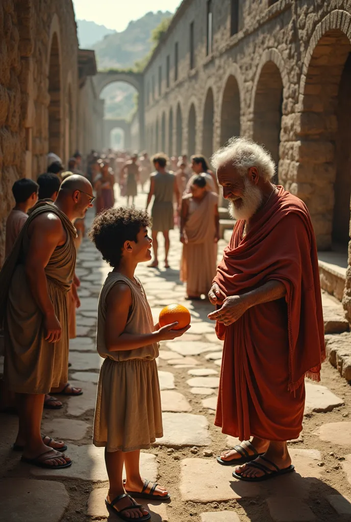 Narrative artistic photograph from above with dramatic tones of a preadolescent boy wearing a Roman tunic and sandals in ancient Pompeii while behind him there are ren playing and a market with merchants selling fruit and the boy talking to an elderly coup...