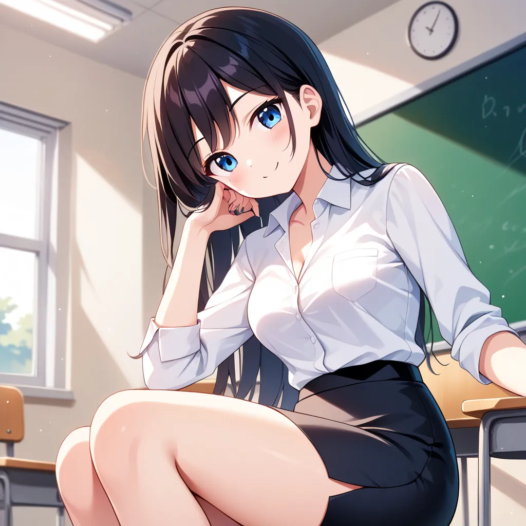 {best quality}, {very aesthetic}, {ultra-detailed}, {best illustration}, {masterpiece}, {detailed beautiful eyes}, {extremely detailed}, nsfw, cute female, sitting, medium breasts, business suit, pencil skirt
:1.4), classroom:1.3) , (adult, ultra cute kawa...