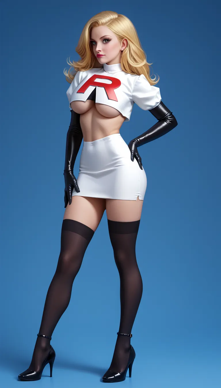 score_9, score_8_up, score_7_up, 1girl, solo, beautiful waifu, thicc, (blonde hair, Lady Gaga), detailed eyes, detailed face, flirt, large breasts, Cosplay_TeamRocket, team rocket uniform, white jacket, cropped jacket, white skirt, elbow gloves, black thig...