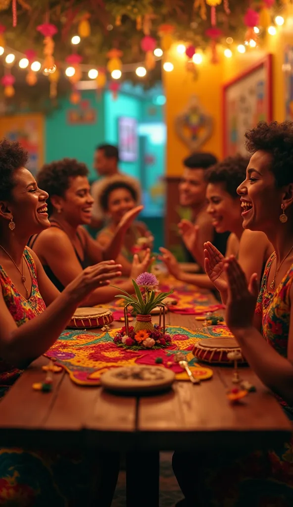 Cover for music by Pagode. People around a table singing with samba instruments.