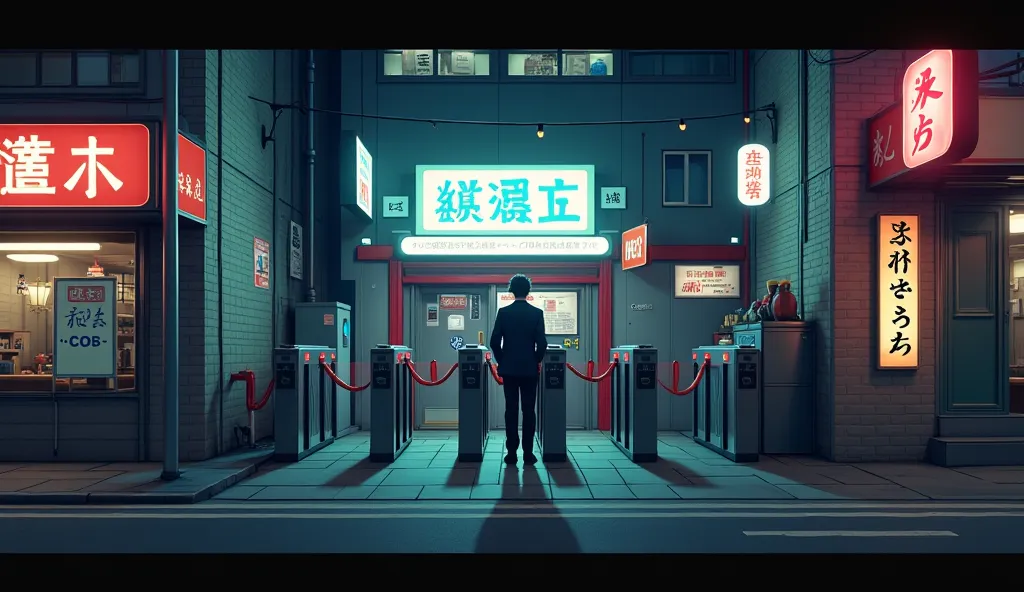 I play the game as a security guard at the entrance to a Japanese karaoke bar, who sits perpendicular to the turnstile, and people walk in and out past me. View from my eyes. On the left is the street, in the middle is the turnstile, on the right is the ba...