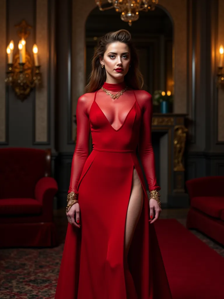 A full length image of A sexy rich 35 years  model wearing full body covering high neck matt red transperant dress with full sleeves , wearing sexy tight red pushup bra, bra visible through dress, satin red skirt, slim gold necklace, gold bracelet sexy,  t...