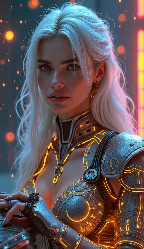  A fierce warrior with long ,  Cinderella skin , flowing silver hair, silver eyebrows ,  her eyes are gold and silver . , its armor engraved with bright rainbow color circuits ,  luminescent golden lines ,  LED lighting strip and RGB electronic chip ,  The...