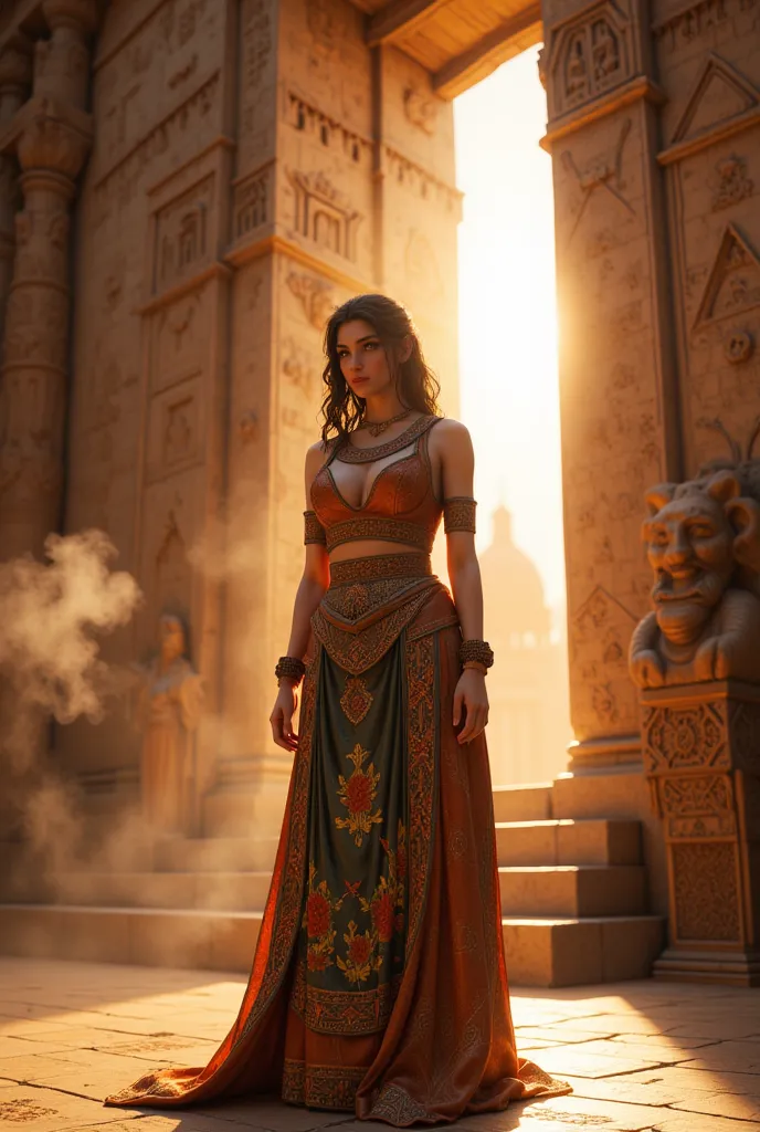 **Prompt:** Create a breathtaking visual representation of ancient Mesopotamia during the enchanting golden hour. Concentrate on a richly detailed scene within a majestic temple, adorned with intricate carvings and murals that reflect the vibrant culture o...