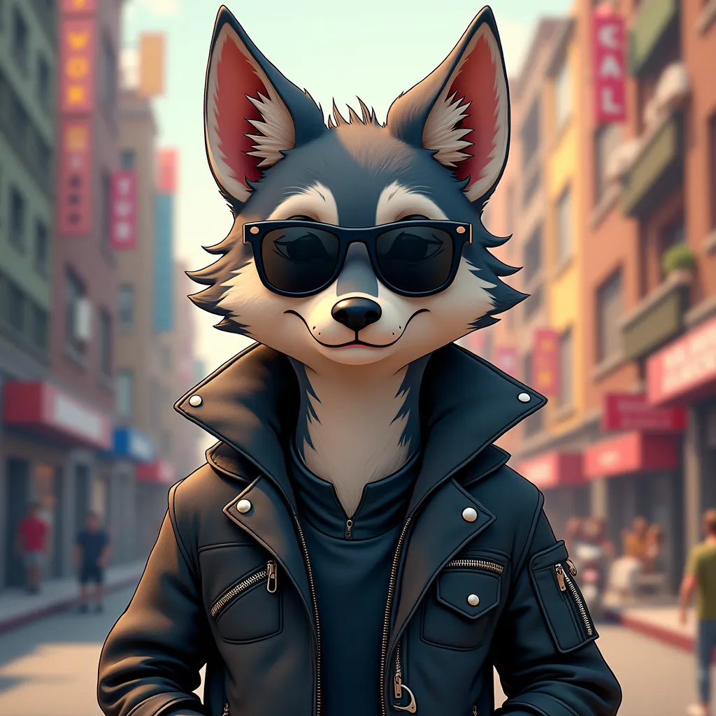 cute、Wolf、leather jacket、sunglasses、black mask、animation、Semi-realistic