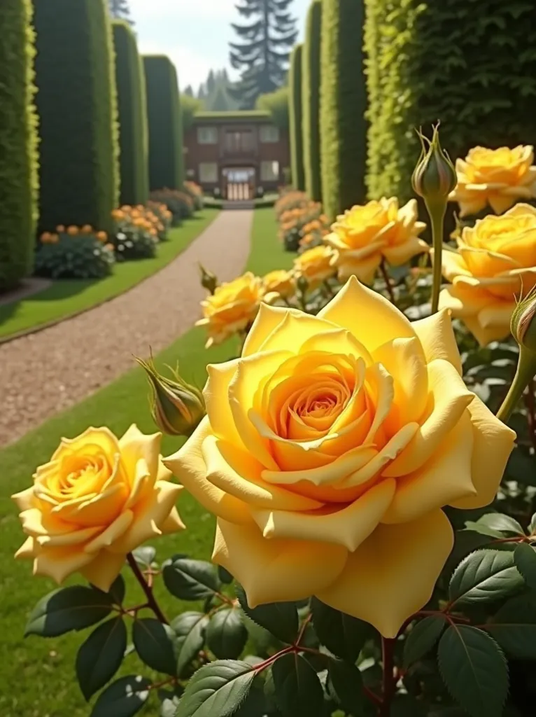 A yellow rose garden, large garden, realistic roses, ultra realistic background