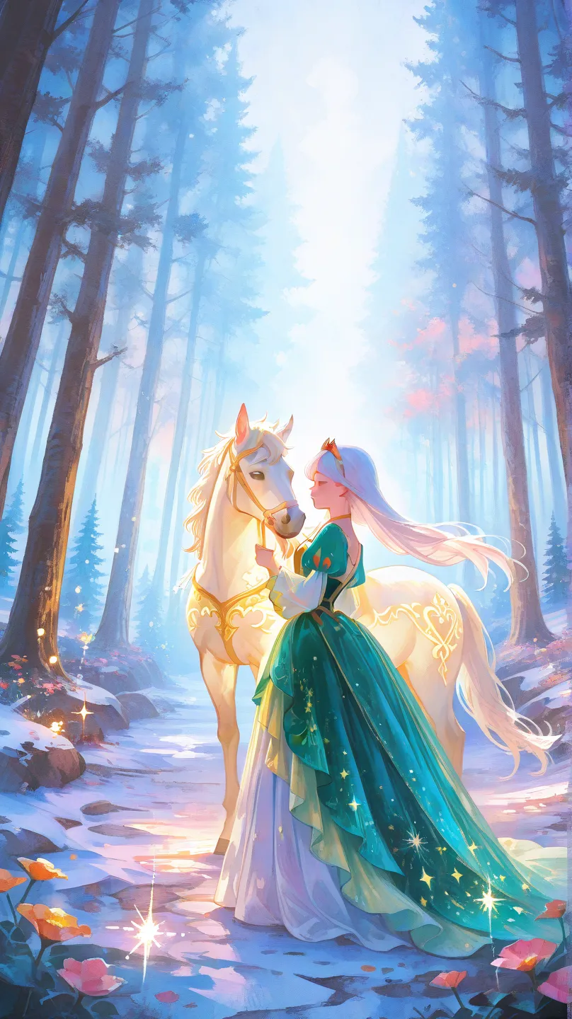 Impressionistic woodgrain oil painting, parallel view, with bright and vivid colors, A beautiful woman with long white hair in an emerald dress stands next to a glowing horse from Disney's Snow White. In front of them is the magical, enchanted forest. The ...