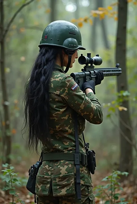 (masterpiece), 4K,{{{ 2 women}}},   black hair, helmet, Bbo~,braid hairstyle,((  sniper   )), rifle, shoot from behind ,camouflage military uniform,skirt, in the woods,((顔を下に向けた  sniper  )), Camouflage panties ,Baby Face