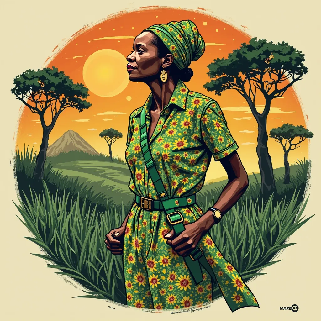 Create a retro-futuristic collage-style illustration depicting Wangari Maathai fighting for reforestation, environmental conservation and women's rights. Emphasizes the logo of the green belts the movement I am leading