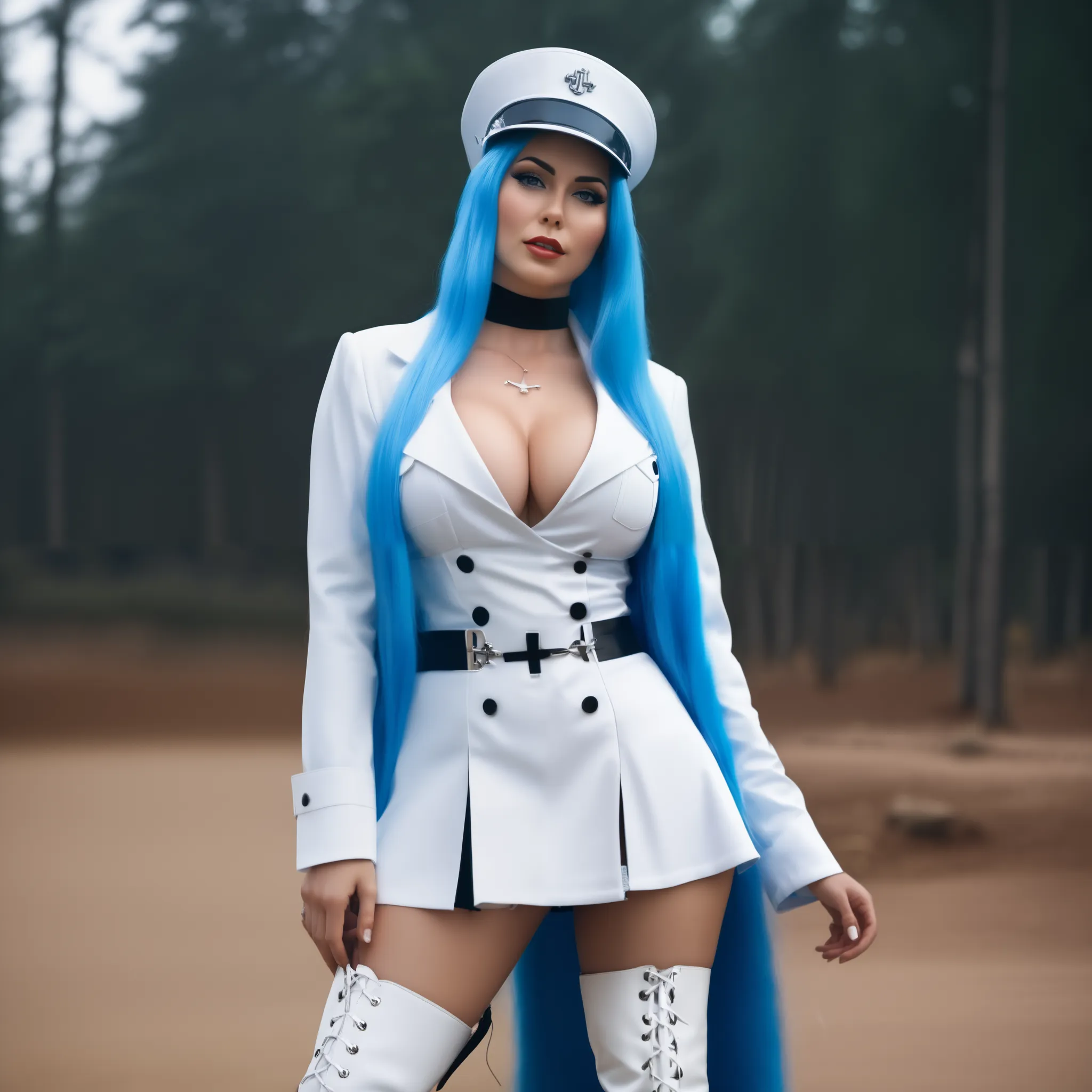 ((Personal close-up portrait)), candid photo a woman, hat, tattoo on the chest, large natural breasts, white thigh high boots, long blue hair, cleavage, 35mm photograph, film, bokeh, professional, 4k, highly detailed.