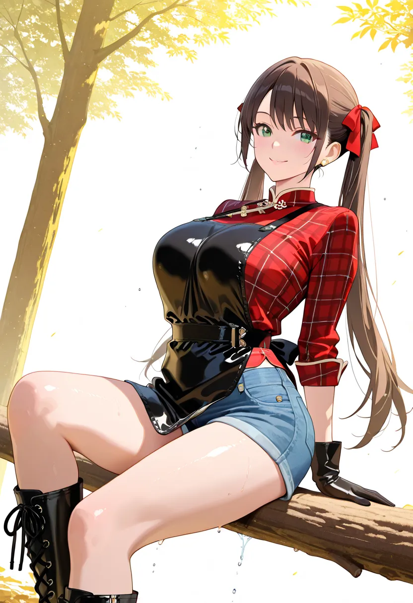 Forest background、 green eyes、Big Breasts、super realistic,high quality,Detailed,4K Rendering,white studio background with,Smiling face,A highly detailed, vibrant anime-style image in an extreme long shot of a young woman in her early 20s lifting a log onto...