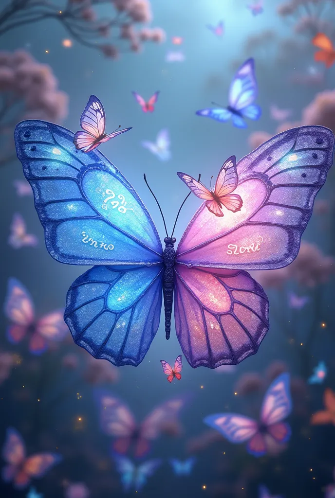 Heart of blue and pink butterflies that say Yumeli 