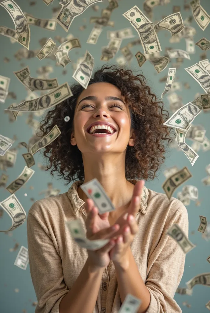 IMAGE OF A WOMAN WITH AN EXPRESSION OF JOY UNDER A SHOWER OF MONEY

