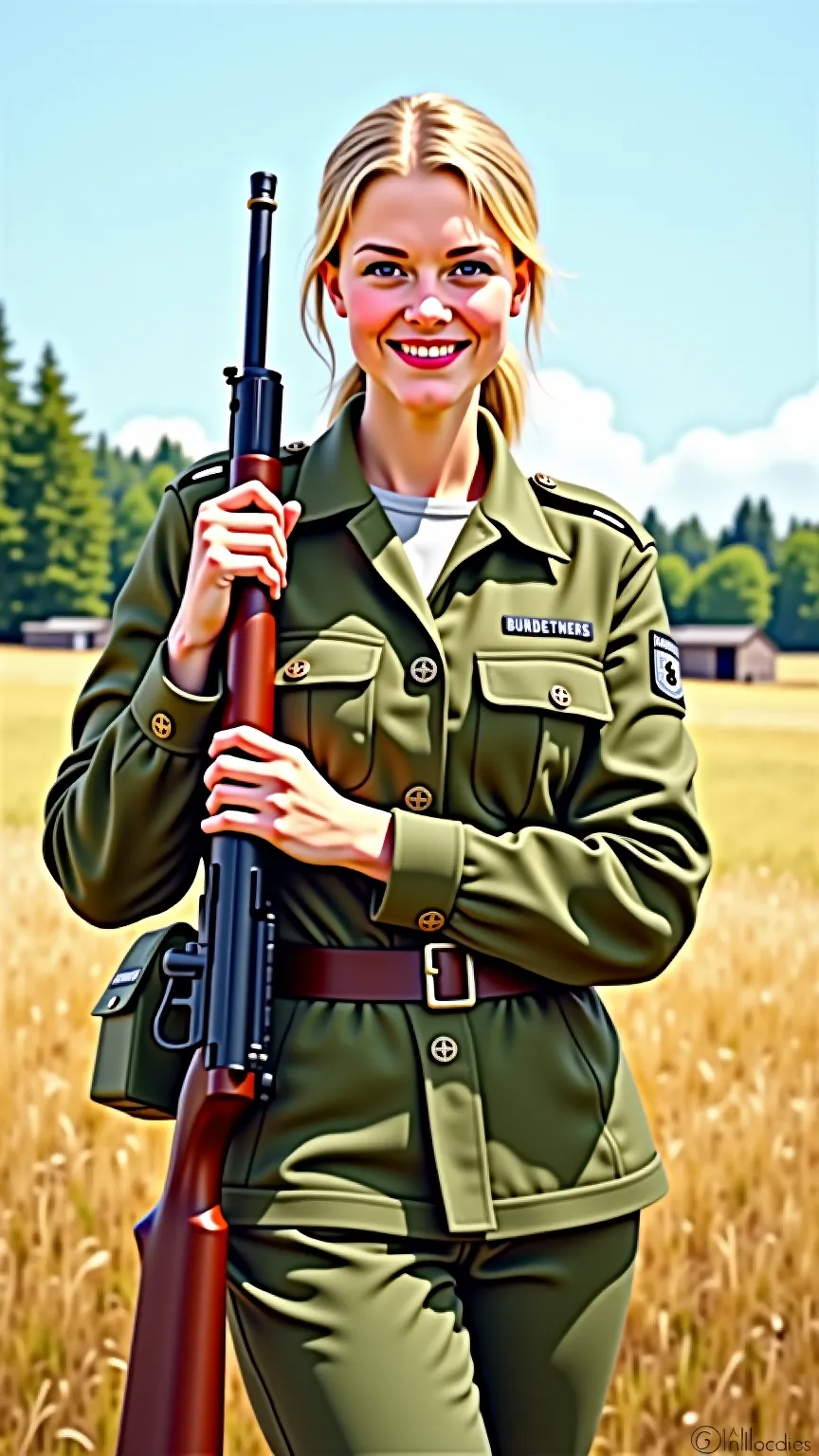 A striking oil painting of a cheerful German Bundeswehr female soldier in training, standing in a sunny field with her rifle resting on her shoulder. She wears a crisp camouflage uniform, her blonde hair neatly tied back, and her eyes full of determination...