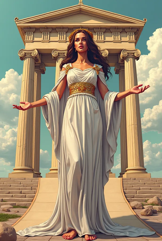 Greek goddess standing in front of her hands has a poster-like scroll in the background a cartoon-like Greek temple