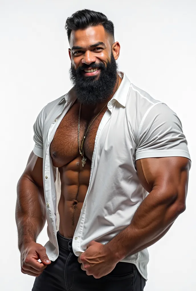  2 sexy Beard bodybuilder  smile,ripped WHITE shirt,,, extremely muscular, hot gigantic  hairy Pecs,men  moreno, short beard, Black hair,hot side in calça  dourada,cintilante  ,side big pecs,, , gigantic tiddies, showing The pump nipples,flexing his muscle...