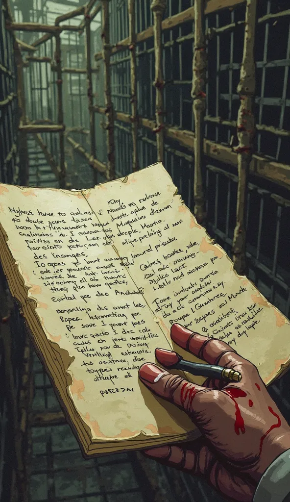 In the diary with Trembling Letters they write: "Day 47: The cages don't contain them. They learn... and hate." A drop of saliva falls on paper in Spanish