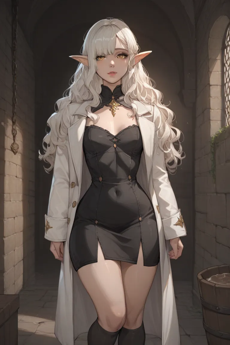 1 girl, long wavy white hair, bangs over eyes, golden eyes, elf ears, pale skin, voluptuous, short black dress, small breasts, white coat, black knee high socks, dark medieval fantasy, dungeon 