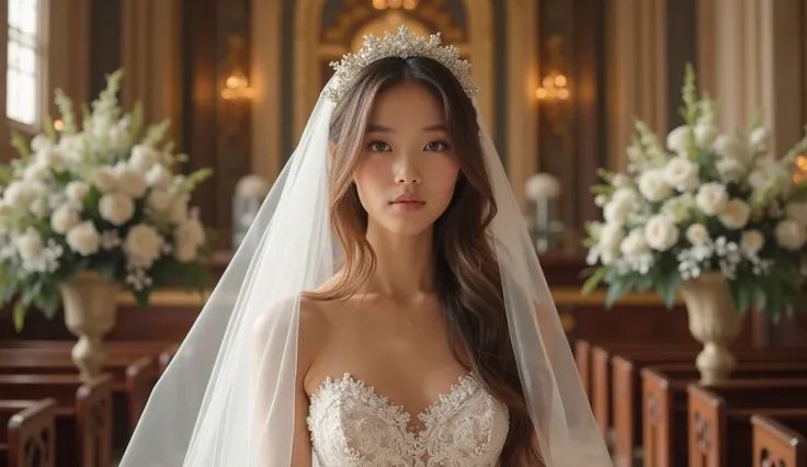 (young woman, thin, beautiful body, age 19, fair skin, long straight hair in light brown color. Light brown eyes, she wears a luxurious wedding dress and a veil. In the background a well-arranged church with flowers and a lot of luxury. Realistic human ima...