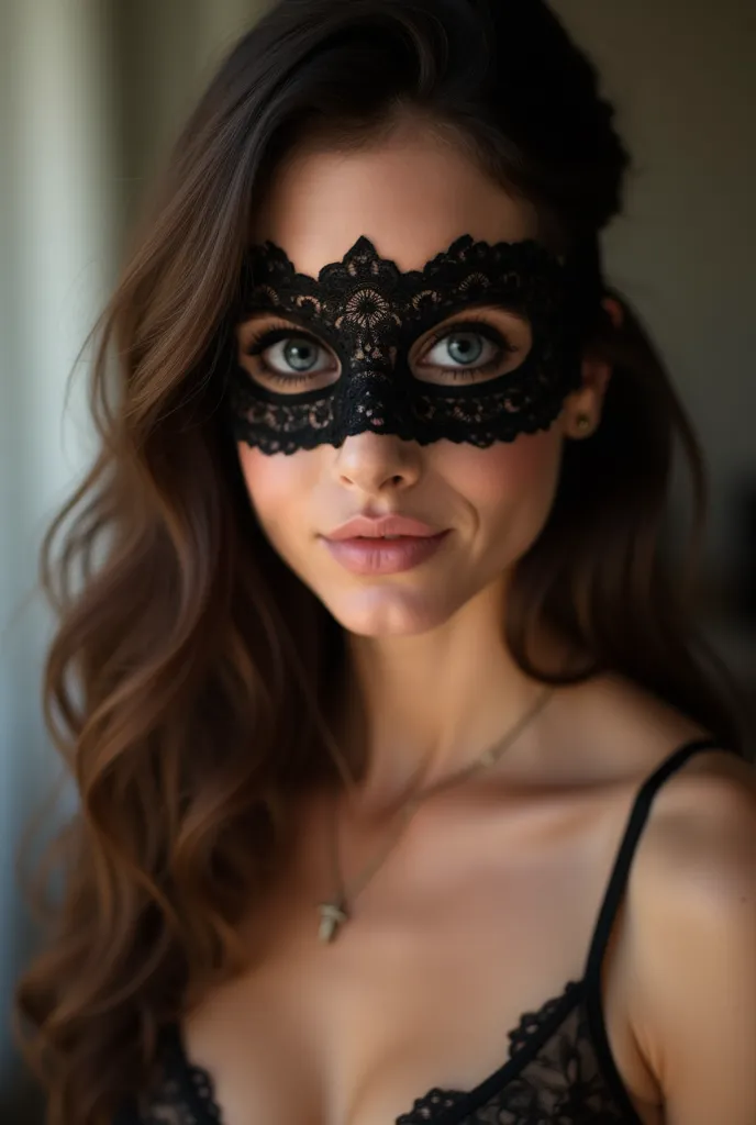  Front face of a woman. Jill Kassidy , dark brown hair  , very white skin,  Perfect slim body , perfect breasts. realistic. Dresses in sexy black lace lingerie and a black lace mask covering her eyes. . Her face and full head are shown without cuts and par...