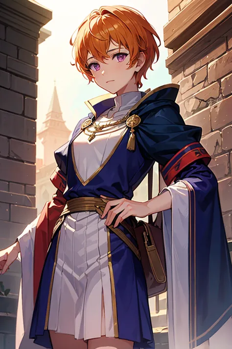 ((fire emblem)) ((Masterpiece)), ((Best quality)), young girl, androgynous, orange short hair, purple pink eyes, sun tanned skin, wearing medieval jester dress, and having a serene expression. manwha style