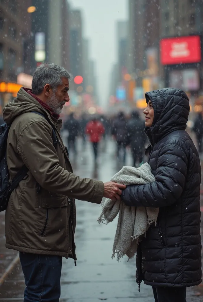 "A person reaching out to help a homeless person on a rainy day, offering a blanket and a look of compassion. The background shows the bustling city, but the focus is on the connection between the two."