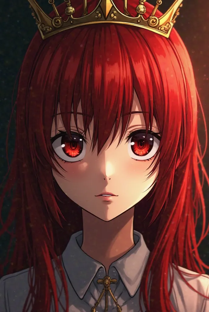 a woman with red hair and a crown on her head, crimson red hair and red eyes, horror manga, umineko, yandere intricate, high detailed face anime, katekyo hitman reborn, jujutsu kaisen, :9 detailed face: 8, key art anime sharp focus, chiaroscuro anime key v...