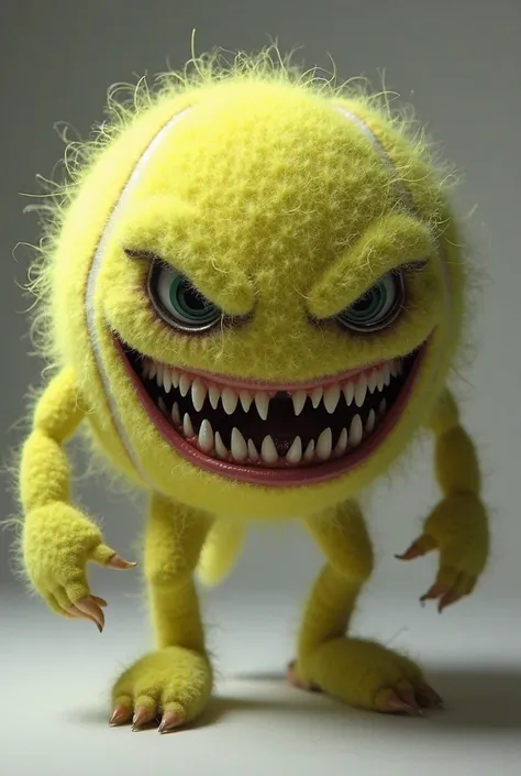 a tennis ball that has a sharp smile, evil eyes and very muscular legs