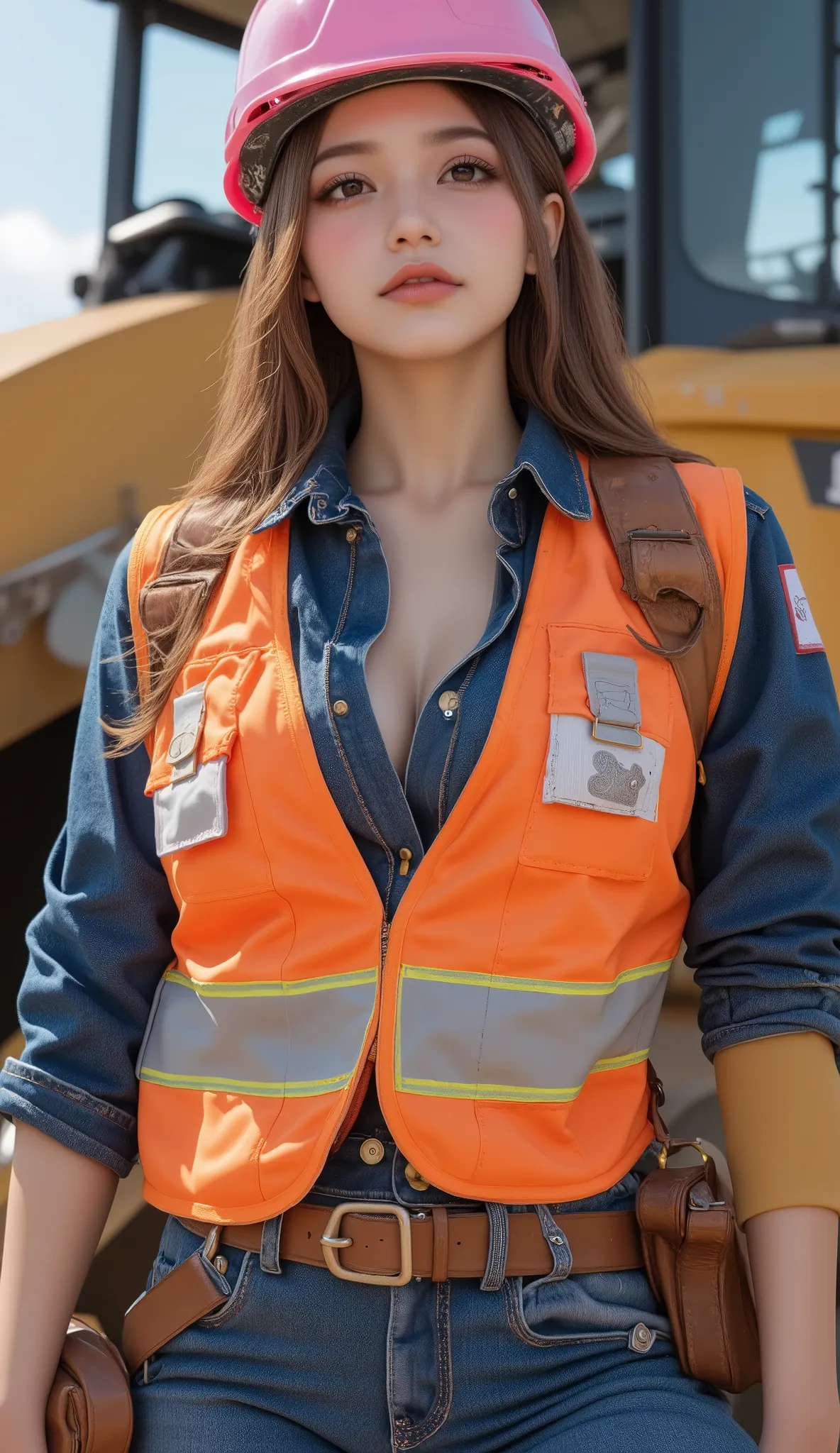 Portfolio、t-shirt、 denim 、Safety vest、forklift、(pink helmet)、  (Beautiful big bust：1.2),professional photography,realism,attention to detail, sharp lines, High Resolution, 16k、full body shot：1.2、(Wear a work vest、wear a work tool holder waist bag：1.5)、((ve...